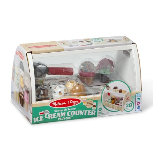 Melissa & Doug - Eisdiele aus Holz, 28-teilig, Für das Eisdielen-Rollenspiel mit 8 Sorten Eiscreme, Eistüten und Eisbecher, Spielgeld inklusive, Für Kinder ab 3 Jahren