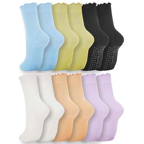 WANZHIHUI Pilates Socks with Grips Cute White Non-slip Ruffle Yoga Socks with Grippers for Workout Barre Hospital