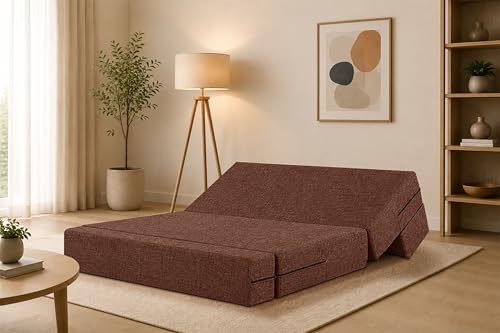 Image of Two Seater Sofa Cum Bed Jute Fabric 4 X 6 Ft| Space Saving Foldable Sofa Bed for Living Room & Guest Room | Comfortable Multi-Functional Furniture - Brown