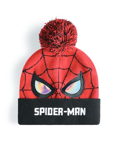 Marvel Spiderman Boys Beanie Hat & Gloves Set | Red & Black Knitted Winter Hat with Spiderman Eyes & Web | Kids One Size Pom Pom Hat with Heat Transfer Print Gloves | Superhero Movie Merchandise Gift4