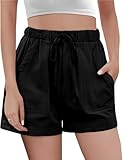 Buauty Womens Shorts, Flowy Shorts for Women Trendy, Linen Beach Shorts, Elastic Waist Drawstring Comfy Shorts for Casual Summer Dressy with Pockets, Lightweight Loose Fit Pull on Women Shorts Black