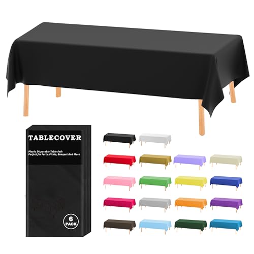 D&Z Plastic Table Cloth Disposable, 6 Pack Black Rectangle Tablecloth Individually Wrapped for Indoor&Outdoor, 54 x 108 Inch Table Cover for Party, Picnic, Birthday, Wedding & Dinner