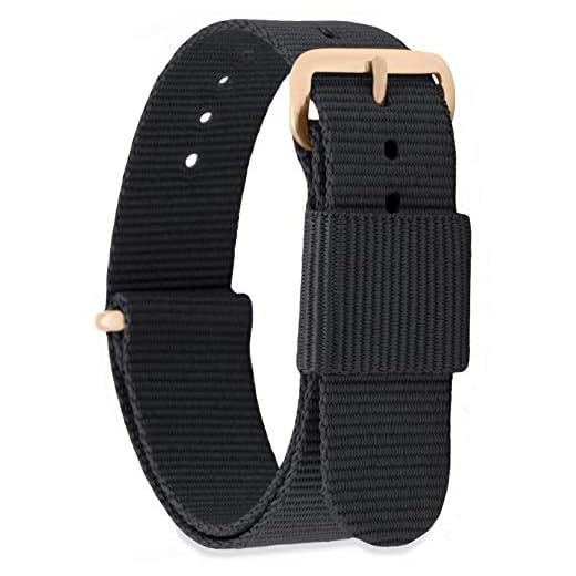 MOMENTO Correa de Reloj de NATO Nailon para Mujer y Hombre con Hebilla de Acero Inoxidable en Dorada Rosa con Tela Negra en 18mm