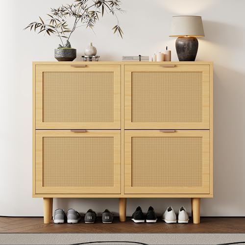 Moimhear Schuhschrank mit 4 Klappschubladen, 100x25x90.3cm, Schuhkommode aus Rattan mit Metallgriffen, Schuhregal für Flur, Schlafzimmer, Wohnung,Holzmöbel, Landhausstil (Oak)