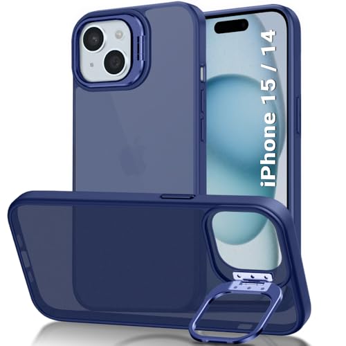 Image of TheGiftKart Hybrid Back Cover Case for iPhone 15 / iPhone 14 | Built-in Stand | Shockproof Hard Case Cover for iPhone 15 / iPhone 14 (PC & TPU, Frosted Matte Back, Blue Sides)