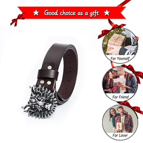 Men's Casual Jeans Handmade Leather Belt 38mm Strap With Engraved Dragon Head Bead Spit Silver Buckle4