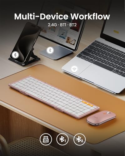 Image of ProtoArc XKM01 Full-Size Foldable Keyboard Mouse Combo for Travel - Pink | 105-key keyboard, slim mouse, hard case and phone stand; 3-device Bluetooth & 2.4G switching, for travel office use
