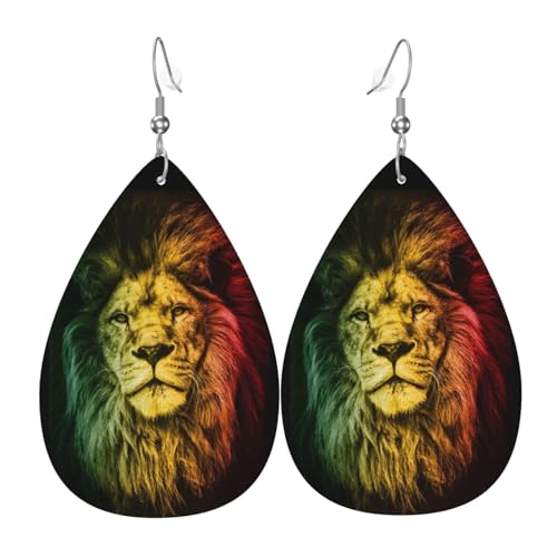 KOSUES Jamaica Rasta African Lion Faux Leather Teardrop Earrings Double Sided Drop Dangle Earrings Lightweight Womens Ear Accessories Holiday Beach Party Statement Jewelry Gifts