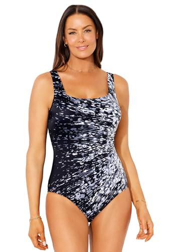 Swimsuits For All Women's Chlorine Resistant Square Neck One Piece Swimsuit - 16, Black White Sunburst (Plus