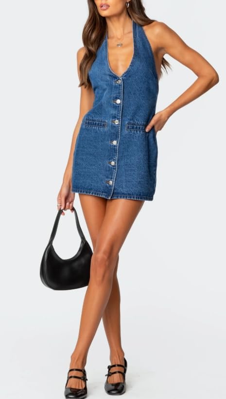 Women's Summer Sexy Backless Denim Dress Deep V-Neck Halter Mini Dress Sleeveless Button Down Jean Dresses with Pockets4