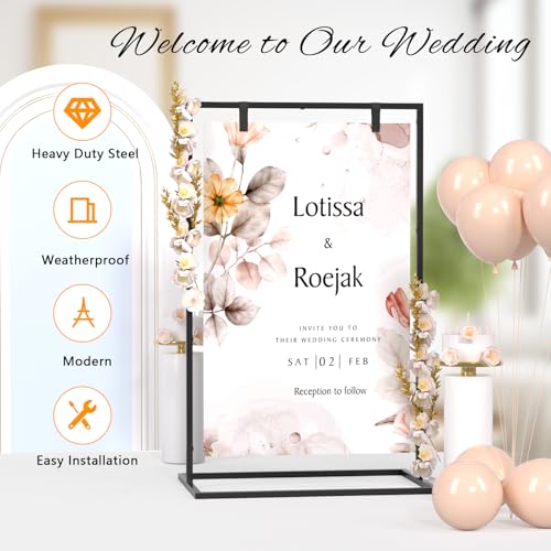Cathyeen Wedding Welcome Sign Stand, 50”x30”x 20” Heavy Duty Easel Stand for Sign with 8 Pair Satin Ribbon & 2 Leather Strap, Welcome to Our Wedding Sign Holder, Metal Floor Standing Easels for Signs, Poster (Black)