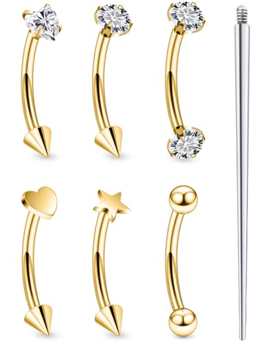 Rmsnxnnz 16G Eyebrow Ring Piercing Jewelry Surgical Steel Internal Thread CZ Heart Star Vertical Labret Lip Ring Rook Daith Earrings Belly Button Ring Piercing Jewelry for Women Men Gold