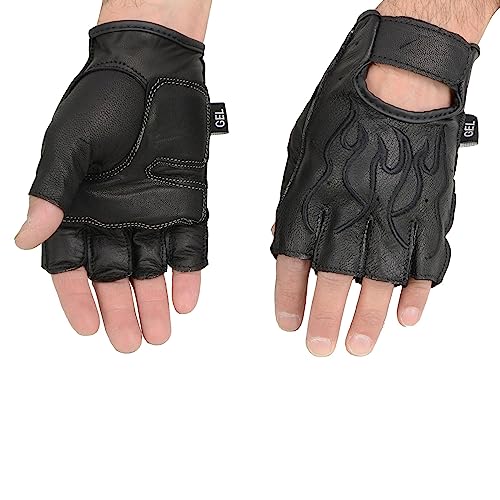 Image of Milwaukee Leather SH198 Men's Black Flame Embroidered Fingerless Gloves with Gel Palm | Padded Comfort; Vibration Relief; Flame Embroidery