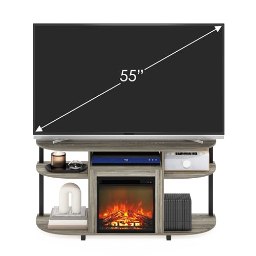 Image of Furinno Jensen Fireplace TV Stand, Curved Entertainment Center, TV Console for TV up to 55 Inch with Fireplace and Open Storage, for Living Room, Bedroom, French Oak Grey
