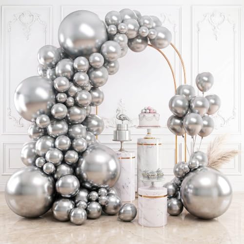 RUBFAC 154pcs Metallic Silver Balloons Different Sizes 18 12 10 5 Inches Garland Arch Kit for Birthday Party Graduation Wedding Holiday Decoration