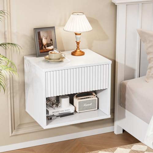 Bonnlo Table de Chevet Suspendue, Table de Nuit Blanche avec 1 Tiroir et 1 Étagère, Table d'appoint Basse pour Chambre à Coucher, Salon, 40 x 30 x 33 cm
