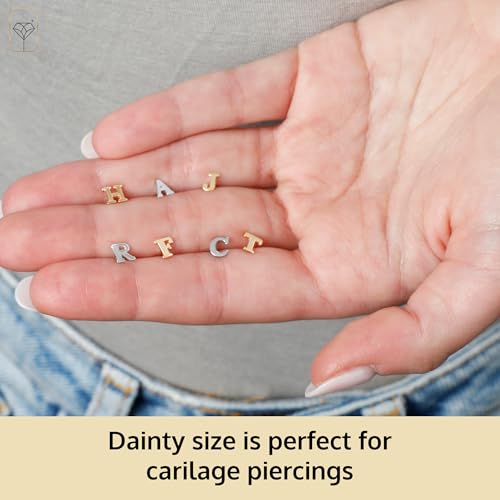 14k Gold Small Script Initial Letter Stud Earrings for Women | Anti Tarnishing 5mm 14k Gold Studs | A-Z Alphabet Earrings with Gift Box by MAX + STONE4