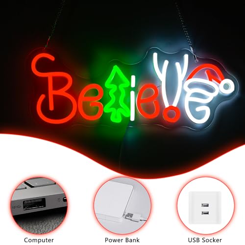 Image of Believe Neon Sign, Christmas Neon Signs For Wall Decor, Led Light Up Signs for Xmas Home Party Holiday Decorations Gifts