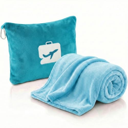 Image of VAS COLLECTIONS Travel Pillow Blanket 2-in-1, Ultra Soft Flannel Blanket with Carry Case, 65x40 Inches, Compact Portable Travel Blanket for Flights, Camping and Travel Comfort (Aqua)