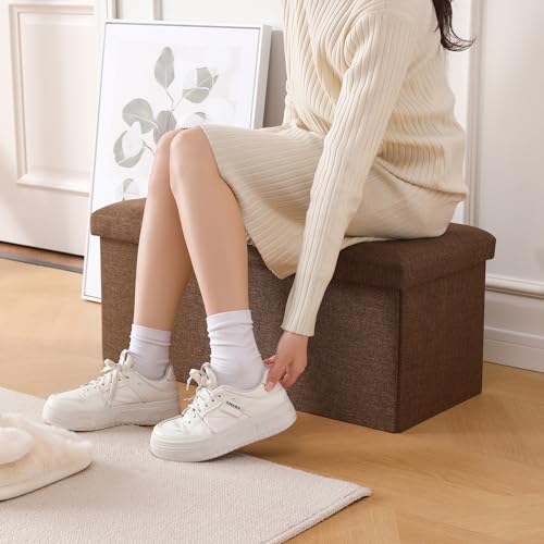 Image of Storage Ottoman Bench Foldable Footrest Foot Stool, 30 inch Fabric Brown | Small Ottoman Foot Rest Seat Shoe Bench Flip-Top forliving Room End of Bed Bedroom Couch Dorm, 80L Folding Upholstered Chair