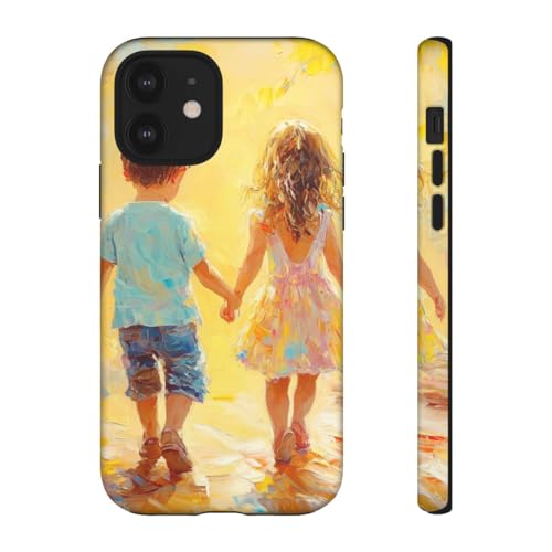 Coque iPhone 12 jaune rigide mate avec motif d'enfants se tenant la main