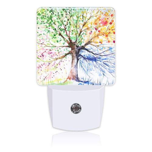 Image of Night Light Plug into Wall Hand Painted Four Season Tree Night Light with Dusk to Dawn Sensor for Kid Girls Boys Women Men Room Decor, Hallway, Kitchen, Bathroom, Nursery, Stairs