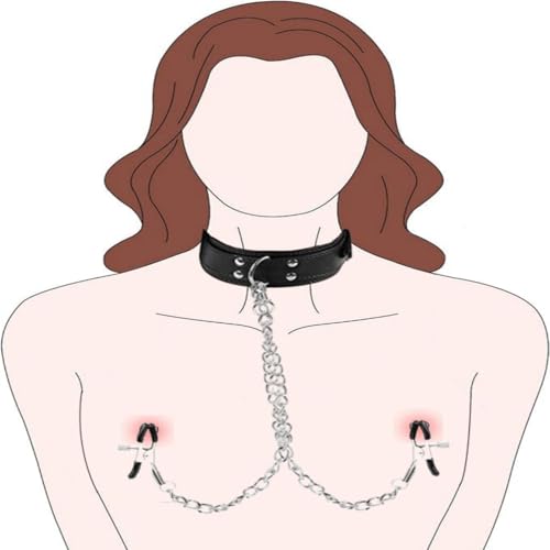 Soft Leather Bondage Collar and Adjustable Comfort Nipple Clamps & Metal Rivet Reinforcement Set BDSM Collar Nipple Clamps Bondage for Men, Women, Couples Bedroom Bondage Sex Toys