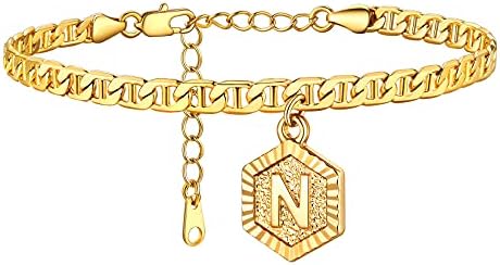 U7 Charming Gold Plated Initial A-Z Ankle Bracelets for Women Girls, Figaro/Marine Chain with Hexagon Shape Pendant, Lobster Claw, Ladies Foot Chain Anklet Jewellery Accessory in Summer Beach Party, Engrave Text Available, Chain Length 8.5" to 10.5" Box