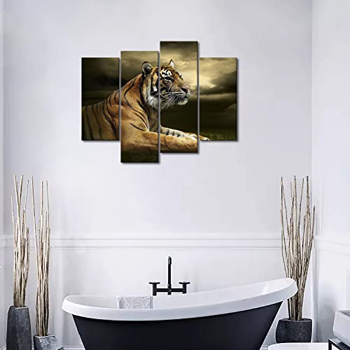 4 Panel Wall Art Tiger Looking And Sitting Under Dramatic Sky With Clouds Painting Pictures Print On Canvas Animal The Picture For Home Modern Decoration Piece Stretched By Wooden Frame,Ready To Hang #TOP3