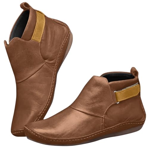 Ankle Boots for Women Fashion Buckle Strap Round Toe Low Wedge Heel Booties, Retro Comfortable Casual Non-Slip Riding Shoes Vintage Leather Flat Heel Booties - Main Image