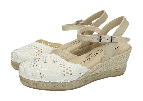 TORRES 5004 Alpargatas de Encaje Beige para Señora con Suela de Esparto y Hebilla Mujer Alpargatas Beige 40