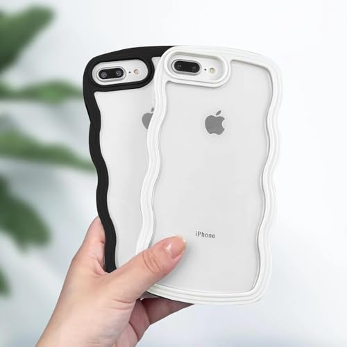 Image of GoldKart iPhone 7 Plus / 8 Plus Case Wavy Edge Clear Back Design, Anti-Slip Grip Cute Wave Curly Frame Shape Shockproof Soft TPU & Hard PC Bumper Protective Phone Case Cover for Women Girls - White