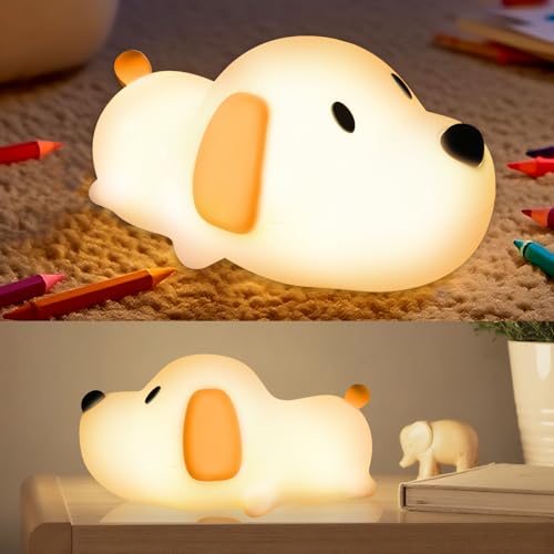 NXPZ LED Nachtlicht Kinder, Niedliche Silikon Hund Nachtlampe, Helligkeit Verstellbare Nachttischlampe mit 30/60 Minuten Timer-Funktion, USB-Aufladbar für Wohnzimmer, Kinderzimmer und Schlafzimmer