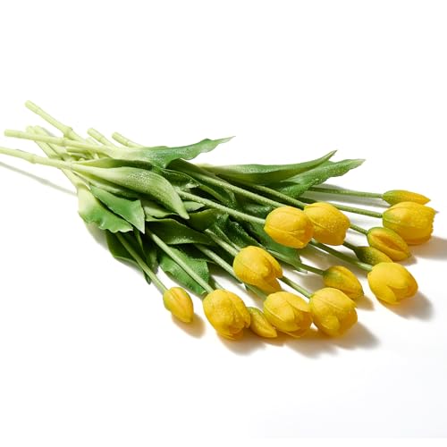 Pmyra 15Pcs Fake Yellow Tulips Artificial Flowers Lifelike Faux Tulips Real Touch Soft Latex Tulip Bouquet for Centerpiece Vase Arrangements Wedding Party Home Decor