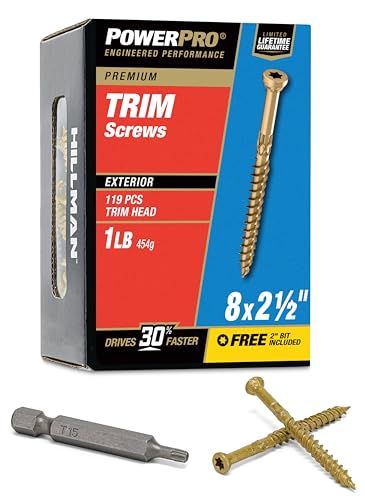 Power Pro 48632 Trim Screws, #8 x 2-1/2', All Purpose Wood, Deck, Composite, and Exterior Trim Screws, Rust Resistant, Bronze, 1lb Box, 131 pcs