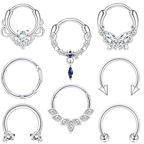 8pcs Septum Rings 16g Surgical Steel Nose Rings Hoops Septum Clicker Daith Piercing Jewelry Silver Butterfly CZ Horseshoe Nose Lip Ring For Women Men 8MM 10MM