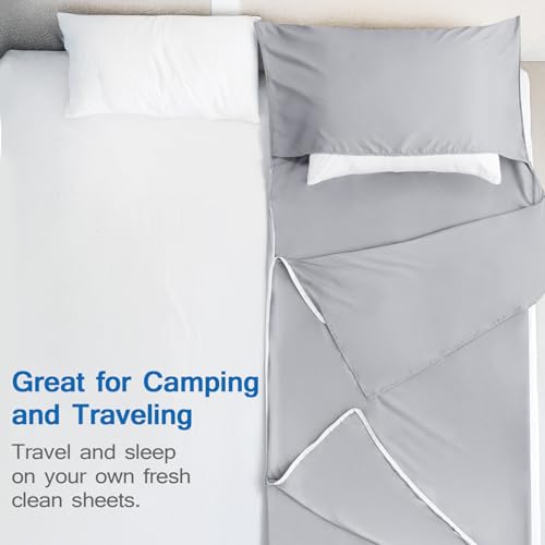 Sleeping Bag Liners with 2 Way Zipper, Adult Sleep Sack Travel Sheets for Hotel/Hostels/Business Trips, Lightweight Single Camping Sheet Sleep Bag Liner Warm & Cold Weather, Gray