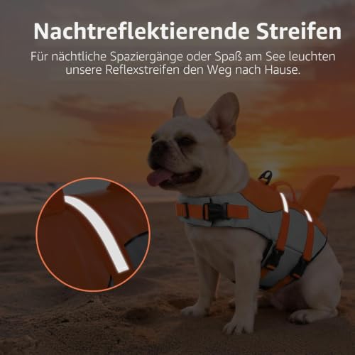 CITÉTOILE Schwimmweste Hund Hai, Hundeschwimmweste mit Griff, Orange, XS