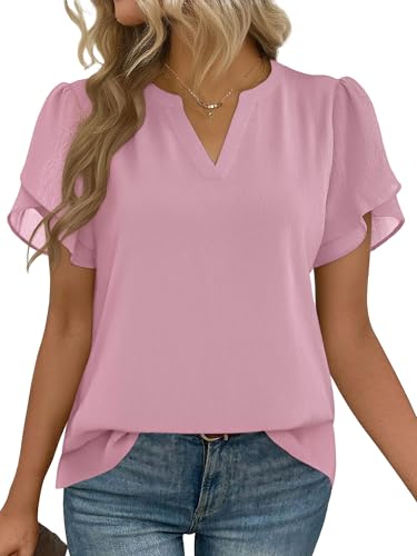 Zeagoo Womens Dressy Casual Shirts Short Sleeve V Neck Work Blouse Business Casual Summer Chiffon Tops Light Pink