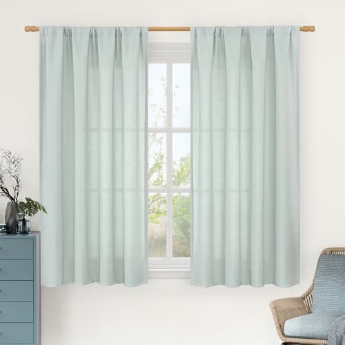 Image of LAMIT 54 Inch Short Window Linen Curtains, Soft Faux Linen Light Filtering Panels Rod Pocket Neutral Drapes for Bedroom /Loft Room, Light Blue, 2 Panels, 42 x 54 Inch