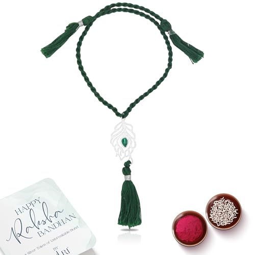 Image of 925 Sterling Silver Peacock Feather with Green Stone Rakhi for Bhai Cotton Thread | Rakshabandhan Rakhi With Greeting Card & Roli Chawal and Certificate of Authenticity