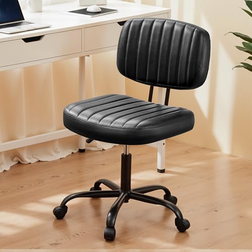 Simple Deluxe Office Chair Small Computer Desk Chair Ergonomic with Low Back Lumbar Support, Height Adjustable Armless PU Leather Vanity Stool 360° Swivel Rolling Chair with Wheels, Black