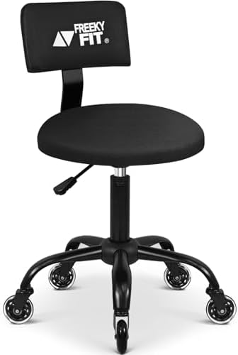 FreekyFit Rolling Shop Stool with Wheels,Mechanic Garage Stool Chair with Adjustable Height 15.55"-18.3",Heavy Duty Swivel Roller Seat for Garage,Salon and Tattoo Beauty, Black