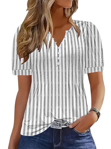 ETCYY Womens Shirts Dressy Casual Short Sleeve 2026 Summer Tops Spring V Neck Button Down Pleated Ladies Tunic Blouses,Striped Black,Large