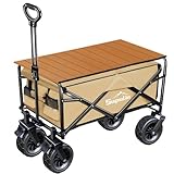 キャリーワゴン テーブル付き【大容量150L 耐荷重150KG】キャリーカート 折り畳み アウトドアワゴン キャンプカート ワイドタイヤ 頑丈 軽量 ワンタッチ収束式 コンパクト アウトドア キャンプ 釣り 運動会 花見 タン