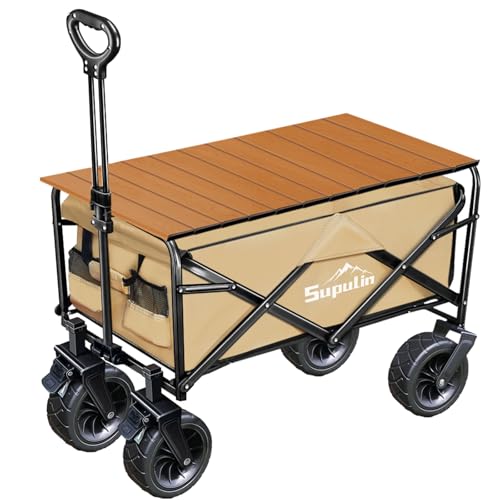 キャリーワゴン テーブル付き【大容量150L 耐荷重150KG】キャリーカート 折り畳み アウトドアワゴン キャンプカート ワイドタイヤ 頑丈 軽量 ワンタッチ収束式 コンパクト アウトドア キャンプ 釣り 運動会 花見 タン