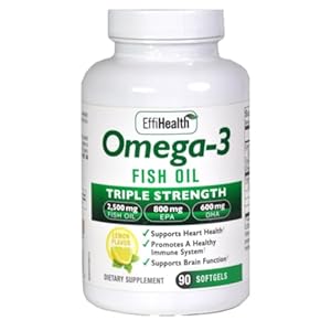 EffiHealth Omega-3 Fish Oil – Triple Strength 2500mg Fish Oil, 1200mg EPA, 600mg DHA – Supports Hearth Health, Brain health and Immune Support – Lemon Flavor, Burpless Fish Oil