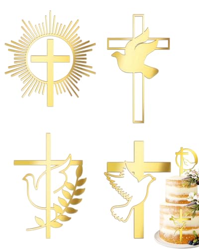 HUVZOR 4 Pcs Décoration de Gâteau, Or decoration bapteme Forme Croix Personnalisée Décoration Effet Miroir Irisé pour Baptême Communion Confirmation Mariage Anniversaire Fête