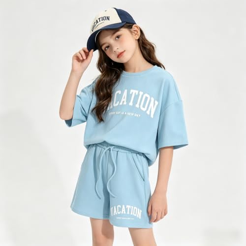Image of Size 6-12 Years Girl's Tracksuit Sets 2 Piece Outfits Letter Print Vacation Tee Top and Drawstring Waist Shorts