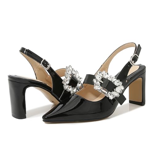 Women's Rhinestones Crystal Strappy Chunky High Heel Slingback Pumps Adjustable Ankle Strap Pointed Toe Dress Sandals for Evening Party Wedding